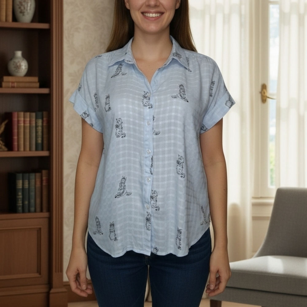 JANE+DELANCEY size S Sky Blue Button Down Shirt with Cat Design 100% Rayon